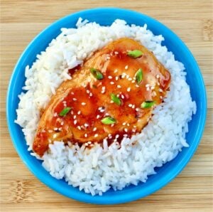 Honey Garlic Chicken on plate with rice.