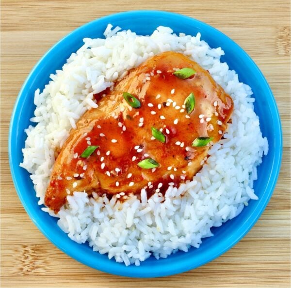 Honey Garlic Chicken on plate with rice.