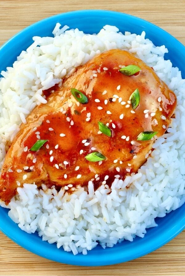 Honey Garlic Chicken on plate with rice.
