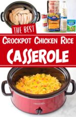 Chicken rice casserole with cheese and bacon in crock pot.