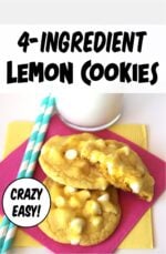 Three white chocolate lemon cookies on napkin.