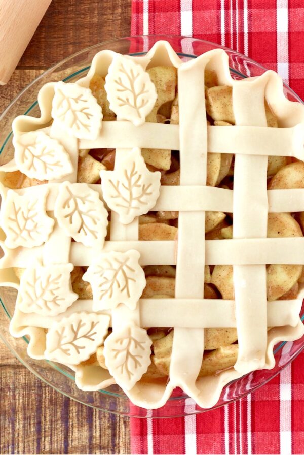 Apple pie with lattice crust before baking.