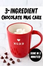 Chocolate mug cake in mug, with chocolate chips to the side.