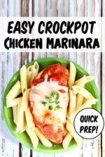 Chicken marinara on plate with pasta to the side.