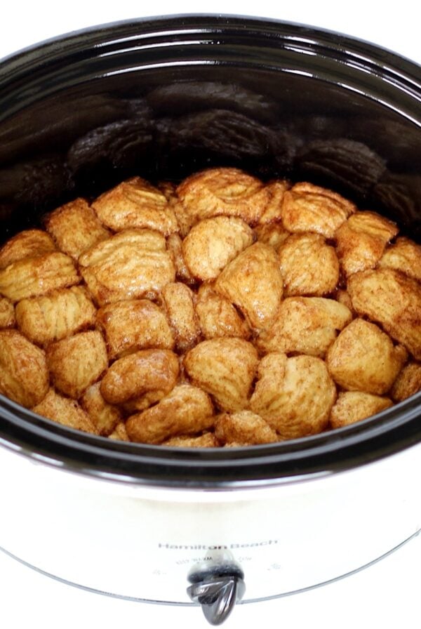 Monkey bread made with biscuits in crockpot.