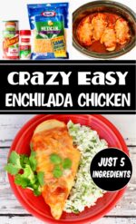 Enchilada chicken with enchilada sauce and cheese on plate with rice.