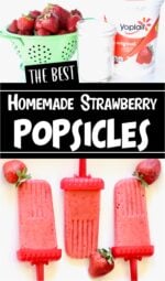 Three homemade strawberry popsicles with yogurt, and fresh strawberries to the side.