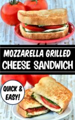 Sliced mozzarella grilled cheese sandwich on plate.