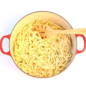 Homemade Fettuccine Alfredo in dutch oven.