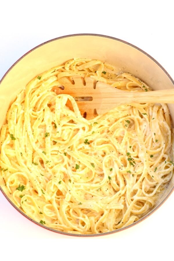 Homemade Fettuccine Alfredo in dutch oven.