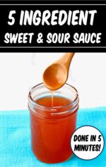 Sweet and sour sauce in mason jar with spoon.