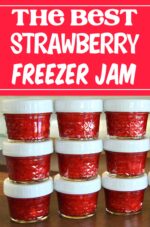 Nine small stacked mason jars of strawberry freezer jam.