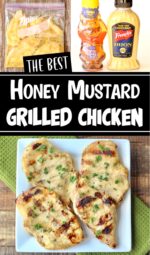 Four pieces of honey mustard grilled chicken on plate.