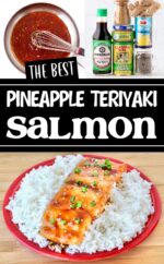 Teriyaki salmon on plate with rice.