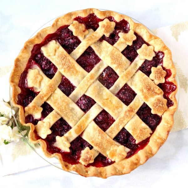 Homemade blackberry pie with lattice crust.