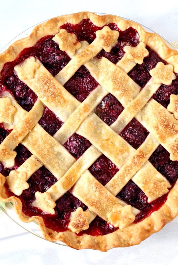 Homemade blackberry pie with lattice crust.