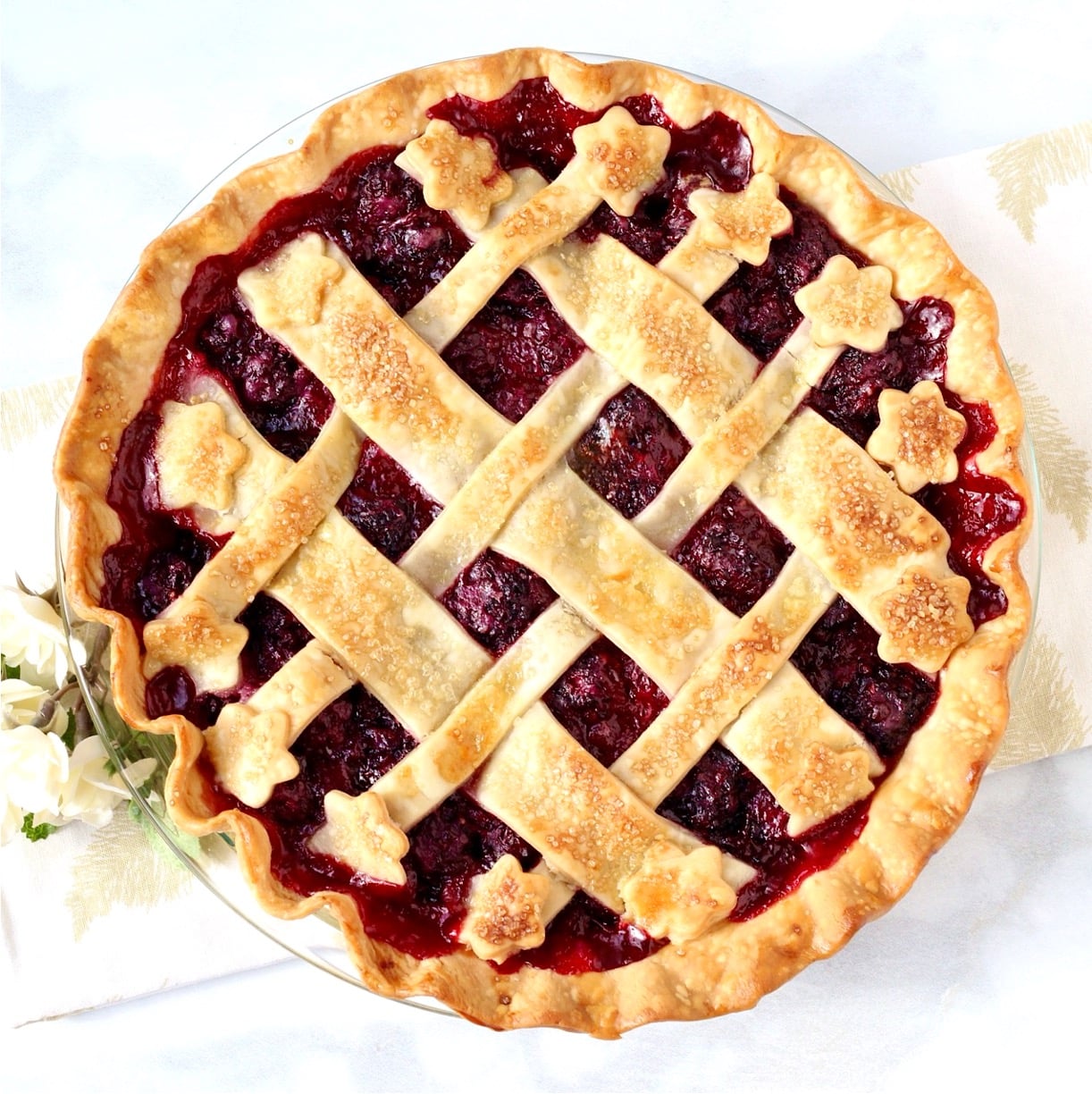 Homemade blackberry pie with lattice crust.