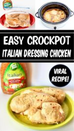 Italian dressing chicken pieces on plate with Italian dressing bottle in background.