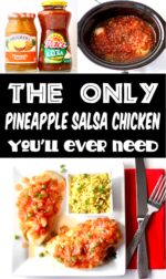 Two pieces of pineapple salsa chicken on plate with a side of rice.