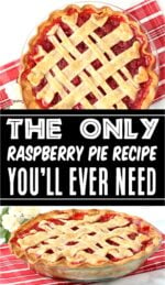 Homemade raspberry pie in pie dish.