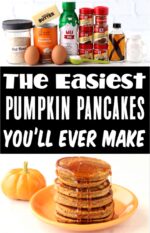 Stack of pumpkin pancakes on plate with maple syrup.