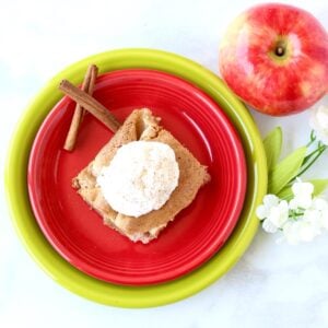 Apple cinnamon cake on plate with whip cream on top and cinnamon sticks to the side.