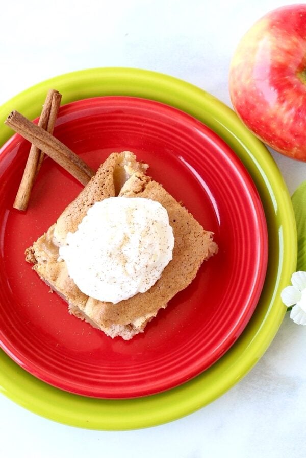 Apple cinnamon cake on plate with whip cream on top and cinnamon sticks to the side.