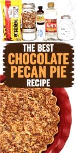 Chocolate pecan pie in baking dish.