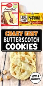 Butterscotch cake mix cookies, with butterscotch chips to the side.