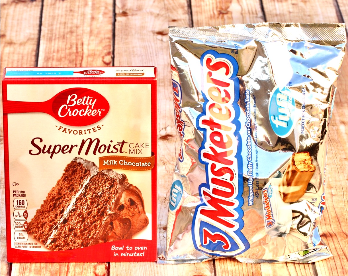 Ingredients for candy bar cookies made with cake mix and 3 musketeers bars.
