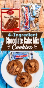 Three chocolate candy cookies on plate with 3 Musketeers bar to the side.
