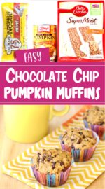 Three chocolate chip pumpkin muffins on napkin with mug in background.