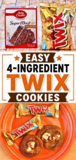 Chocolate Twix Cookies on plate with two small Twix candy bars to the side.