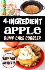 Apple dump cake in small bowl with whip cream.
