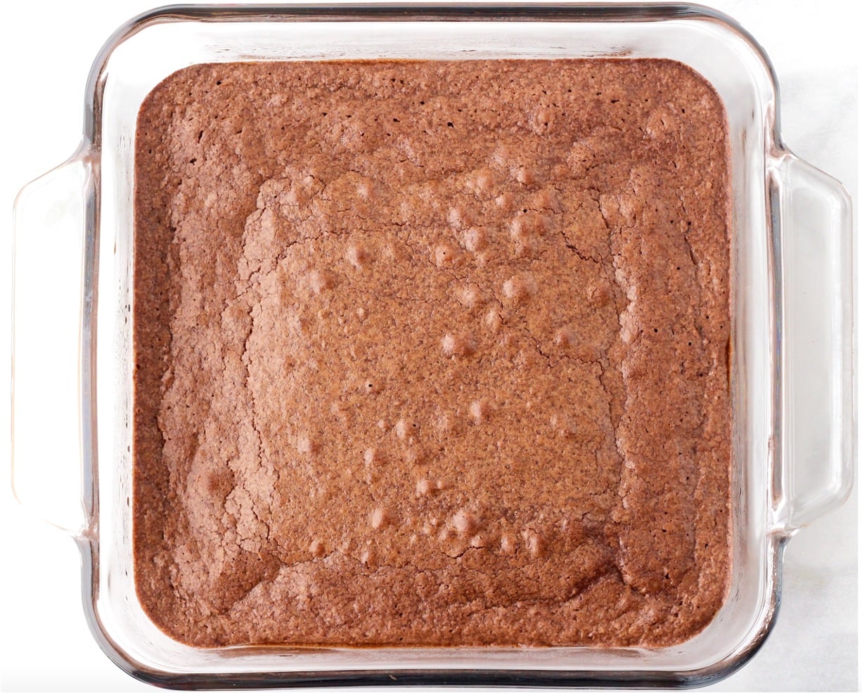 Double chocolate chip brownies in glass baking dish.
