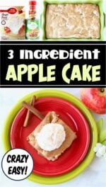 Slice of moist apple cake on plate with whip cream on top.