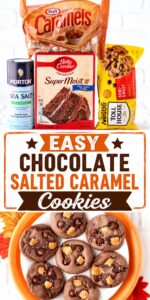Chocolate salted caramel cookies with chocolate chips on plate.