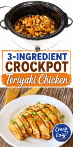 Collage with teriyaki chicken cooking in crockpot and sliced teriyaki chicken on plate.
