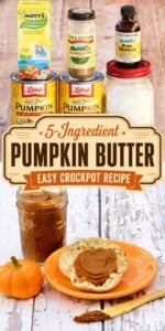 Pumpkin butter spread on English muffin with mason jar of pumpkin butter in background.