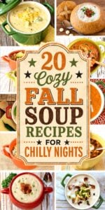 Collage of fall soups in soup bowls.