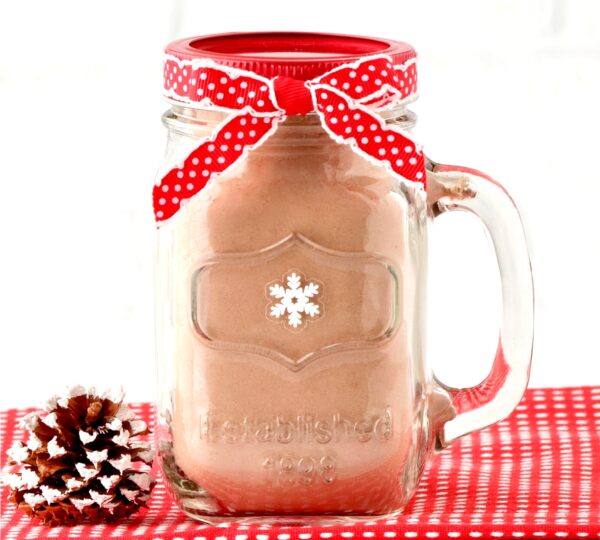 French Vanilla Hot Chocolate Mix in mason jar mug.