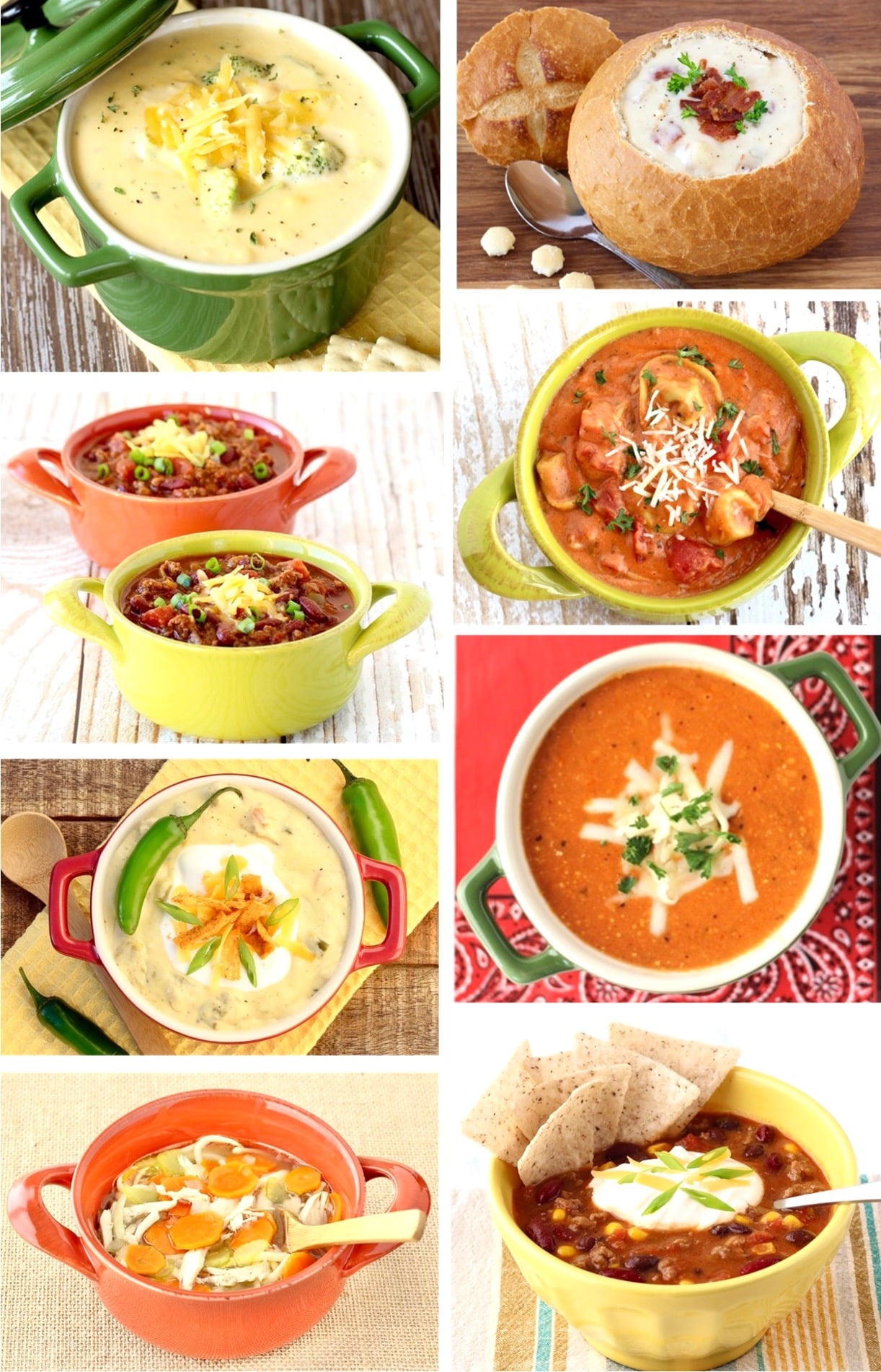 Collage of eight homemade hearty soups in bowls.