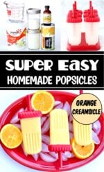 Three orange creamsicle homemade popsicles on plate with ice.