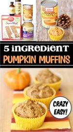 Three moist pumpkin muffins on napkin with small pumpkin in background.