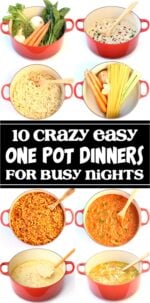 Collage of easy one pot dinners in dutch oven.