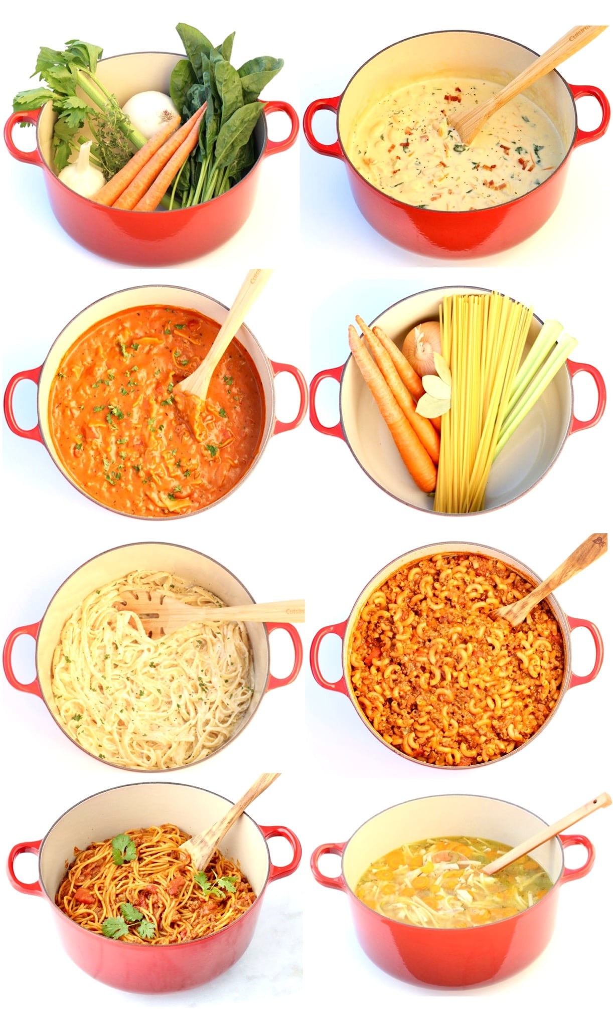 Collage of eight one pot meals in dutch oven.