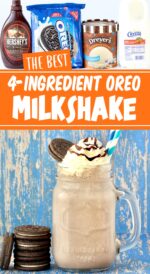 Oreo milkshake in mason jar mug with whip cream, chocolate syrup, and Oreo cookie on top.