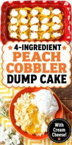 Peach dump cake with cream cheese in small bowl with scoop of vanilla ice cream.