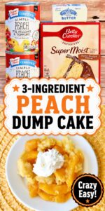 Peach dump cake on plate with whip cream on top.