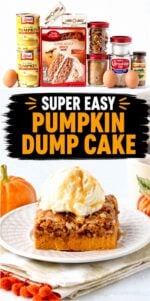 Pumpkin dump cake on plate with scoop of vanilla ice cream and caramel drizzle on top.